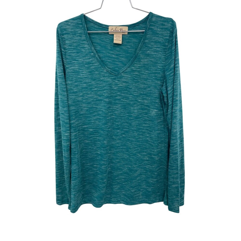 Cedar Rose V Neck Long Sleeve Pullover Shirt Women XL Teal Polyester Blend Comfy